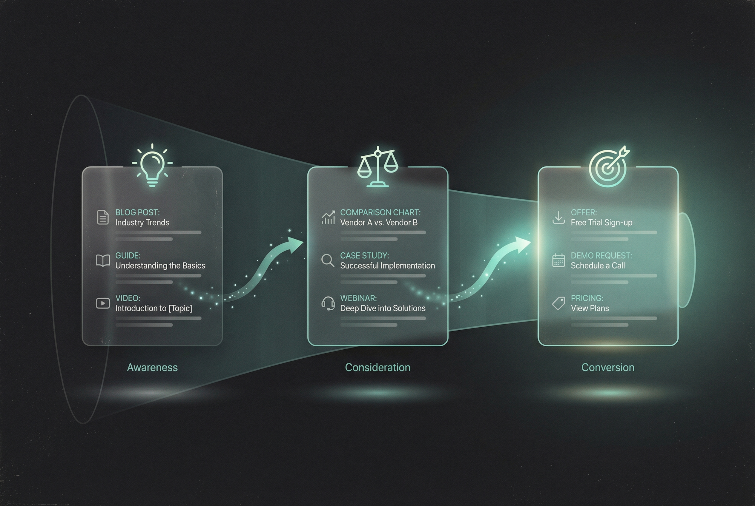 Content marketing funnel visualization showing the journey from awareness through consideration to conversion with content types at each stage